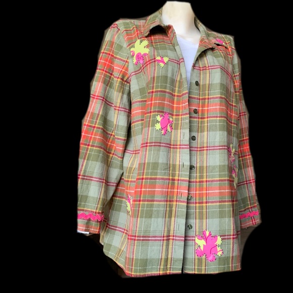Tops - Upcycled Plaid Shirt with Floral Patch and Bigfoot/Yeti